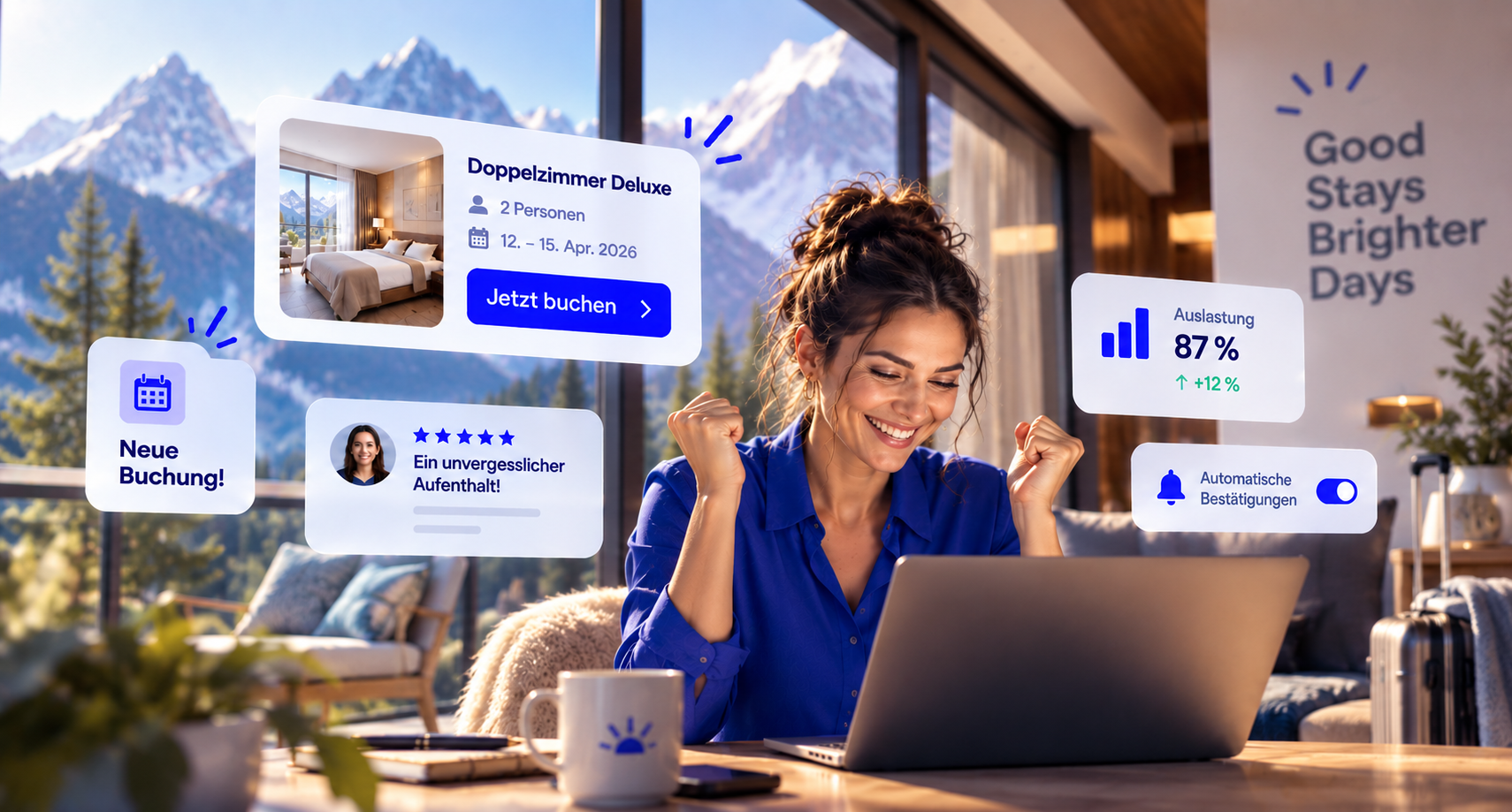 Hotelière verwaltet Buchungen, Auslastung und Bestätigungen mit alpinoo am Laptop
